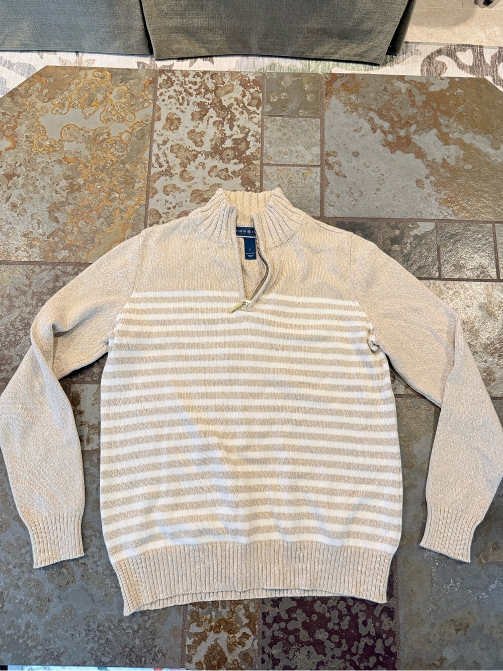 Karen Scott Cream and Beige Striped Half-Zip Sweater